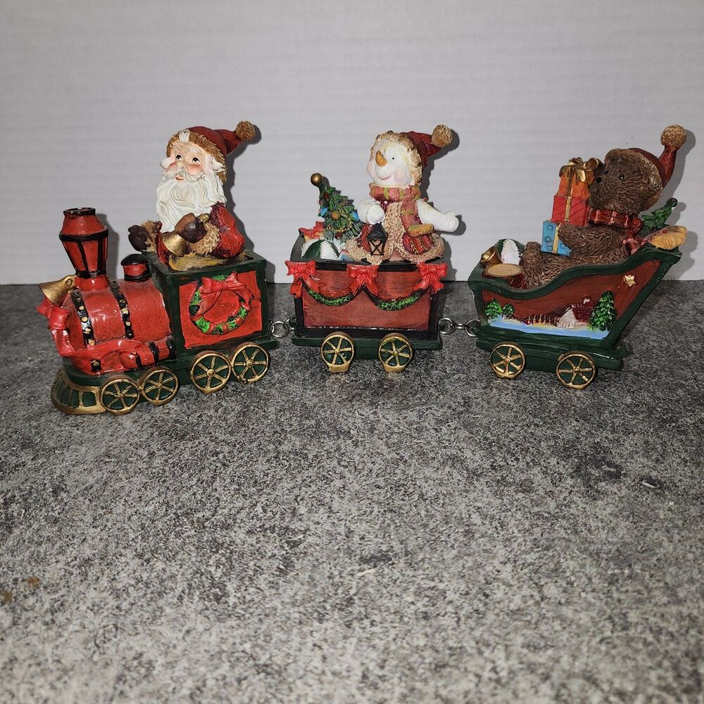 Vintage Resin Christmas Express Train Set Santa Snowman Teddy Bear 3 Piece